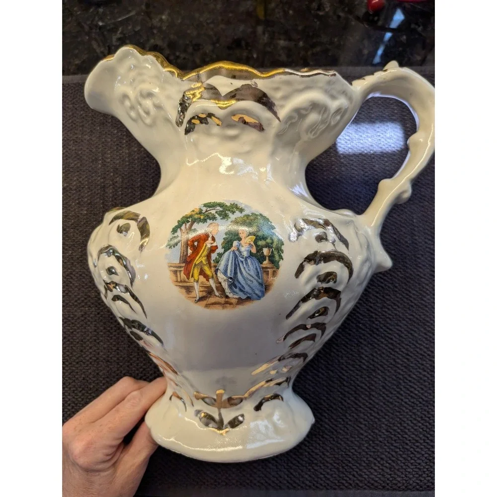 Vintage Ceramic Pitcher Basin Set Victorian Courting Scene 22K Gold Trim